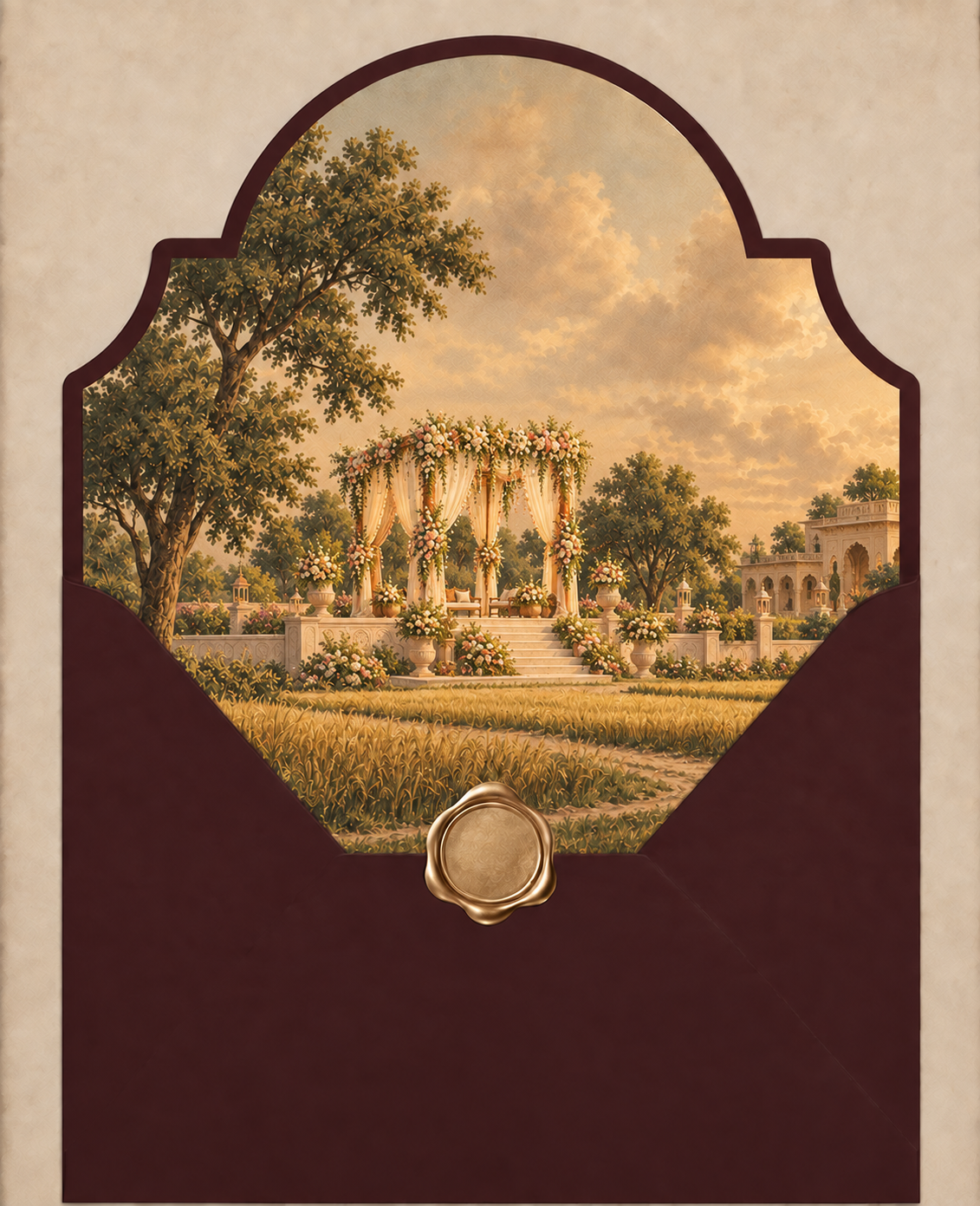 Floral wedding garden framed above a burgundy envelope